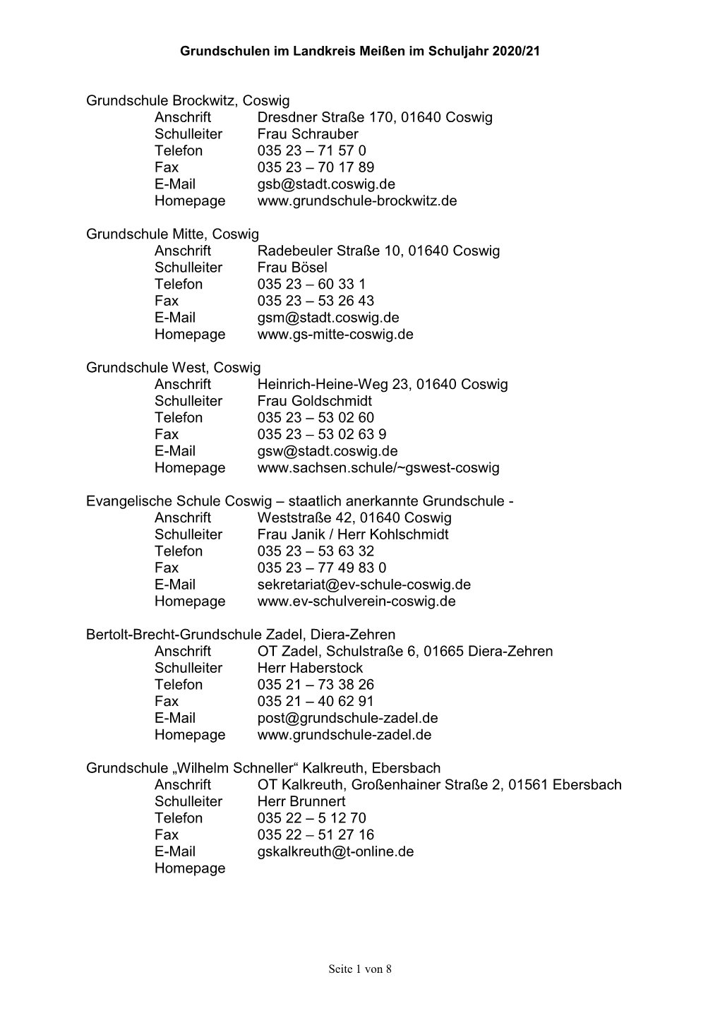 Grundschule Brockwitz, Coswig Anschrift Dresdner Straße 170