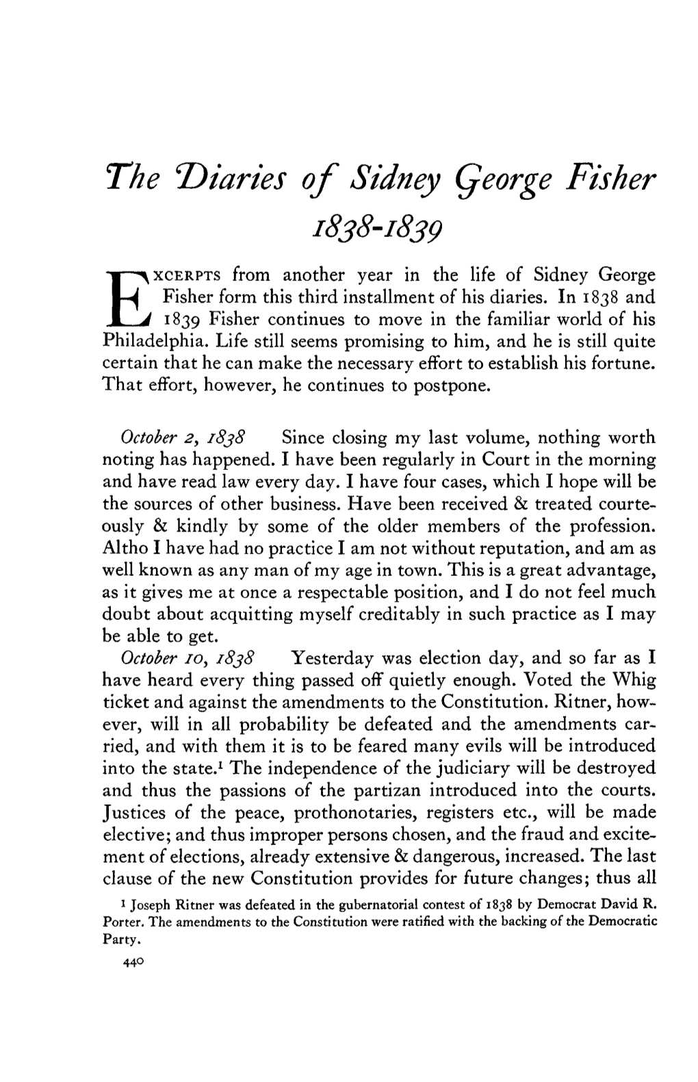 The Diaries of Sidney George Fisher 1838-1839