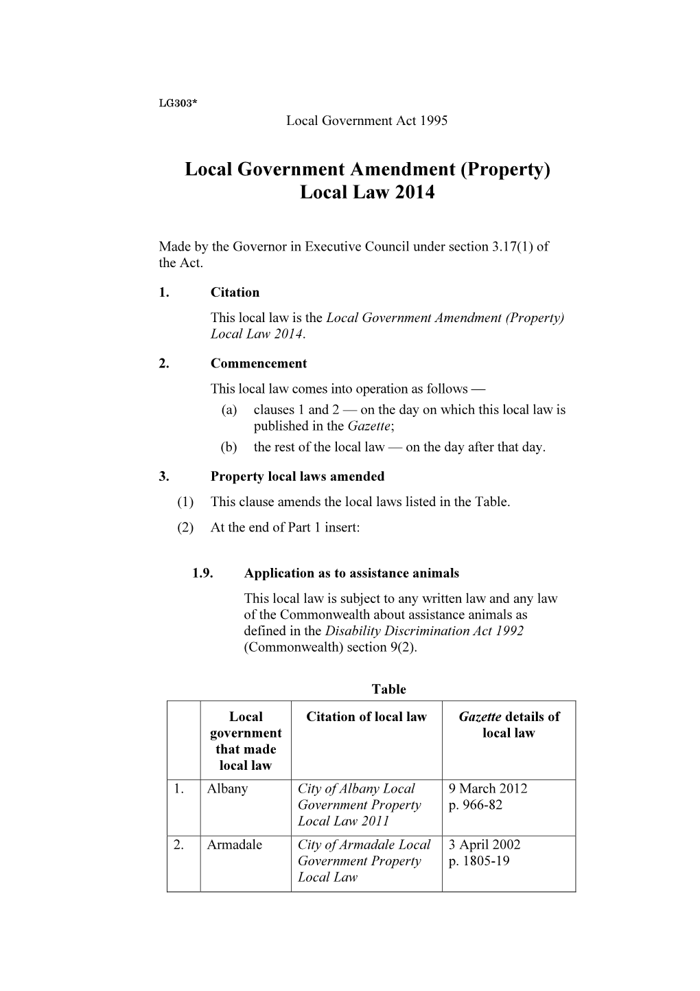 Local Government Amendment (Property) Local Law 2014