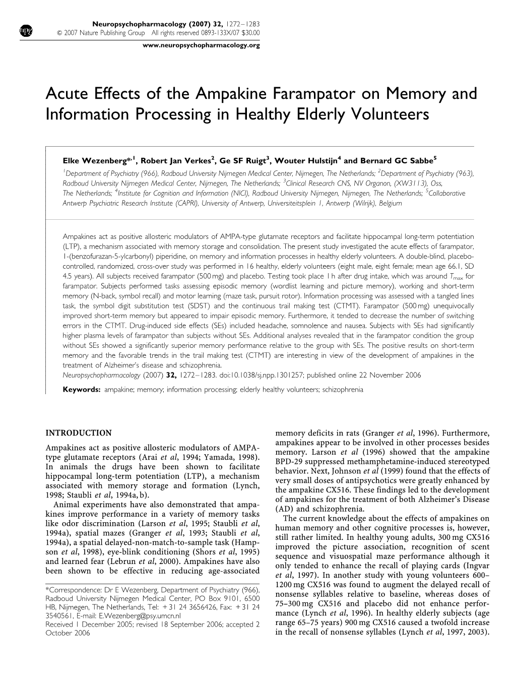 Acute Effects of the Ampakine Farampator on Memory and Information Processing in Healthy Elderly Volunteers