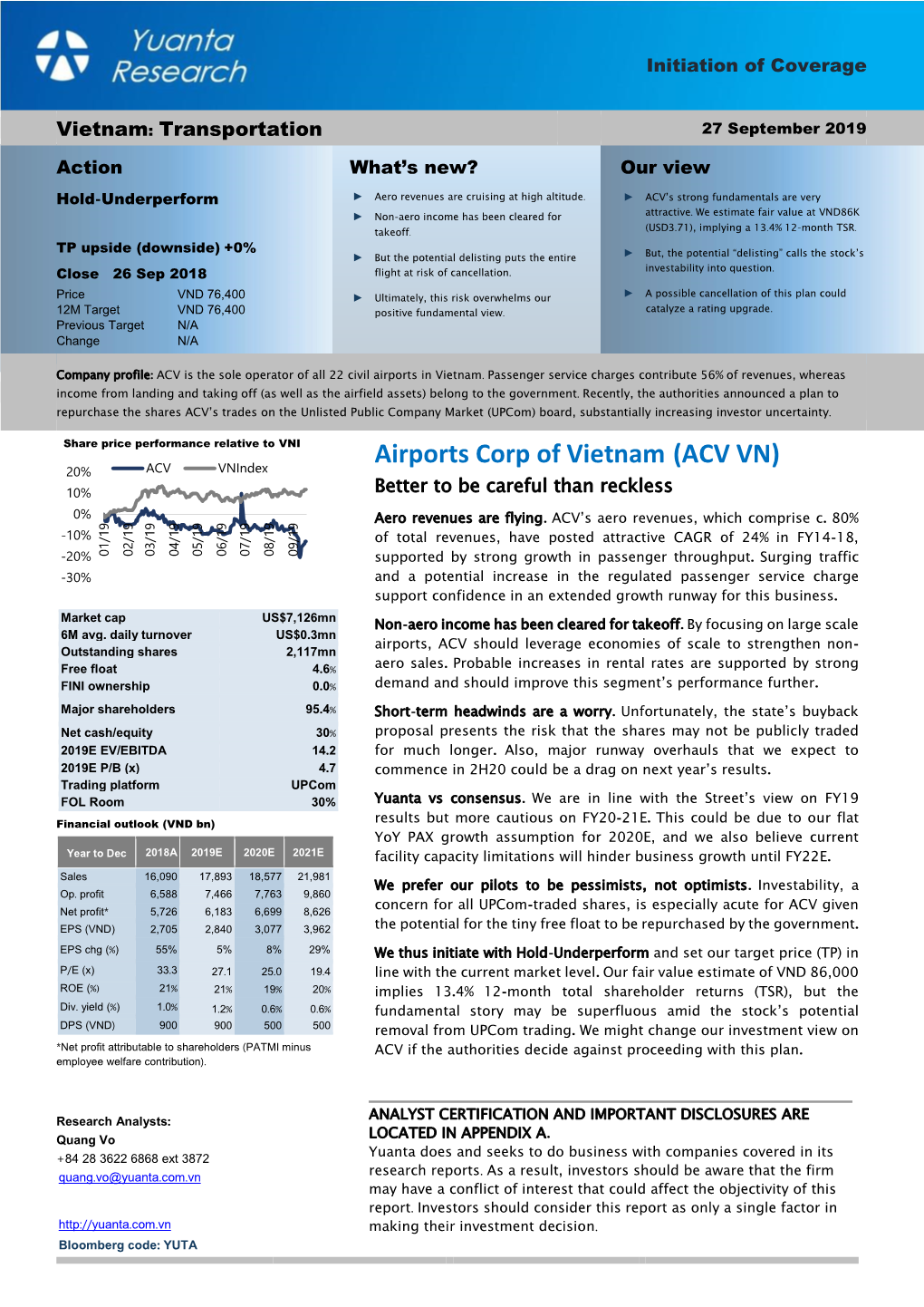 Airports Corp of Vietnam (ACV VN) 20% ACV Vnindex 10% Better to Be Careful Than Reckless 0% Aero Revenues Are Flying