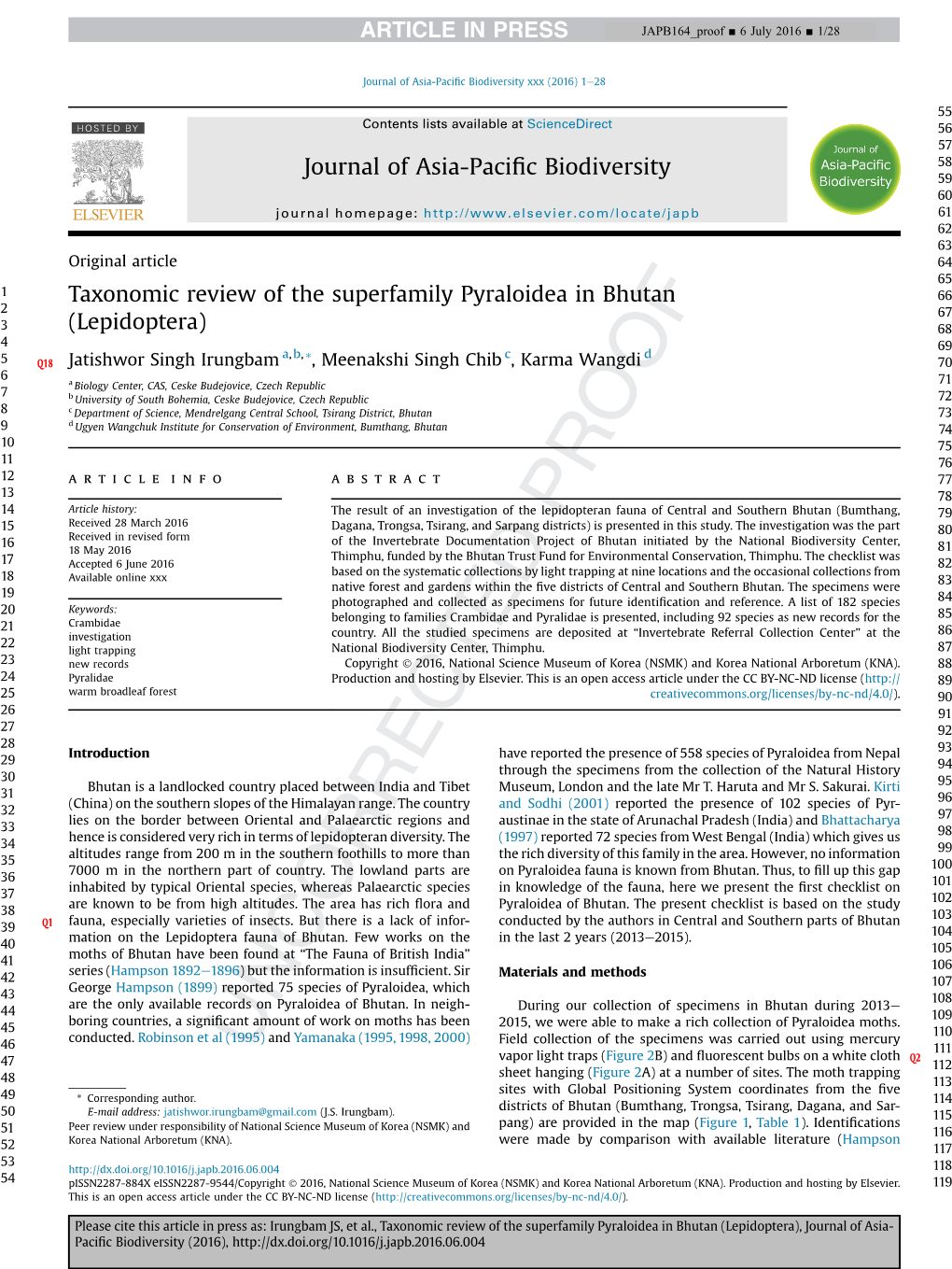 Taxonomic Review of the Superfamily Pyraloidea in Bhutan