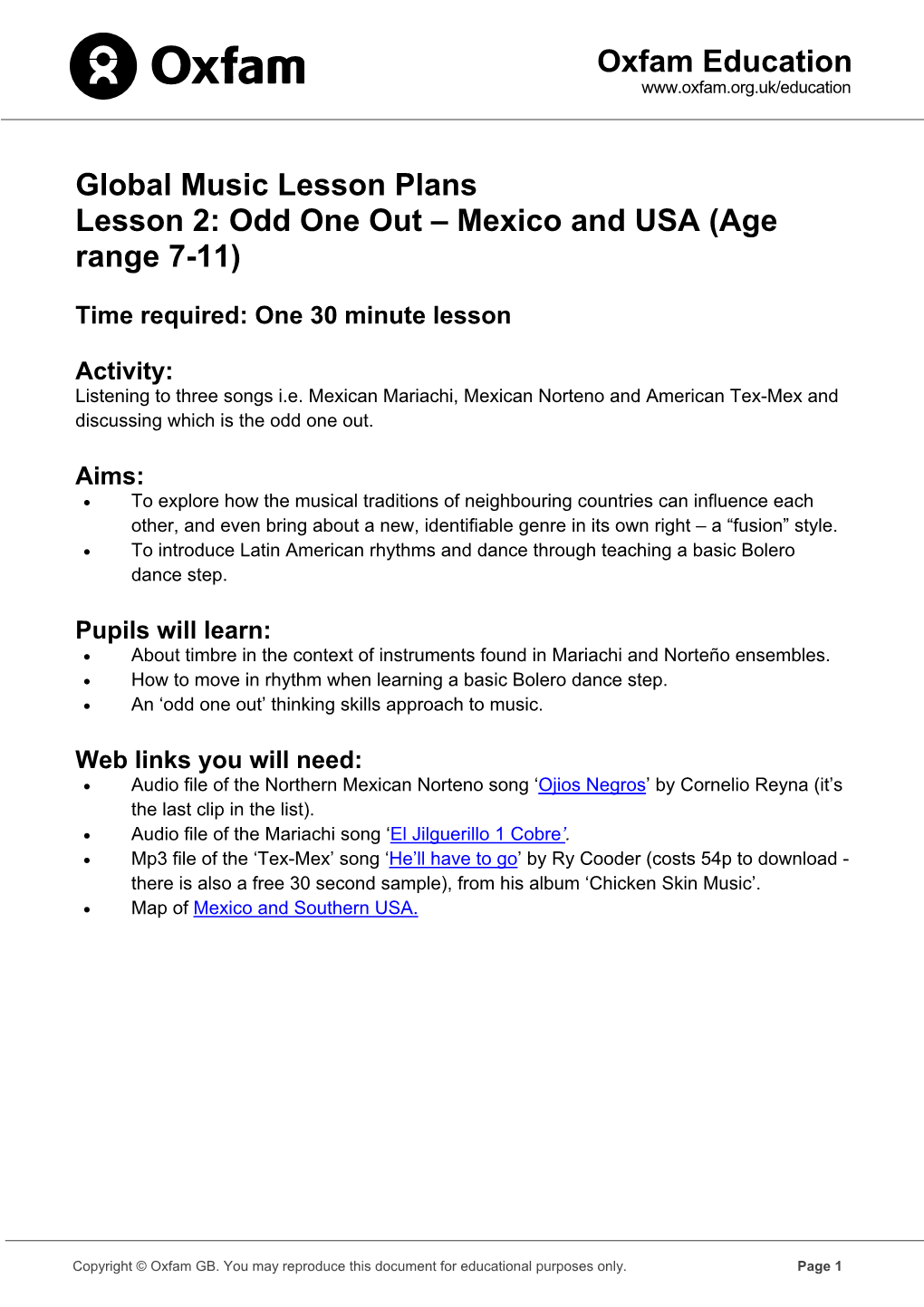 Global Music Lesson Plans Lesson 2: Odd One out – Mexico and USA (Age Range 7-11)