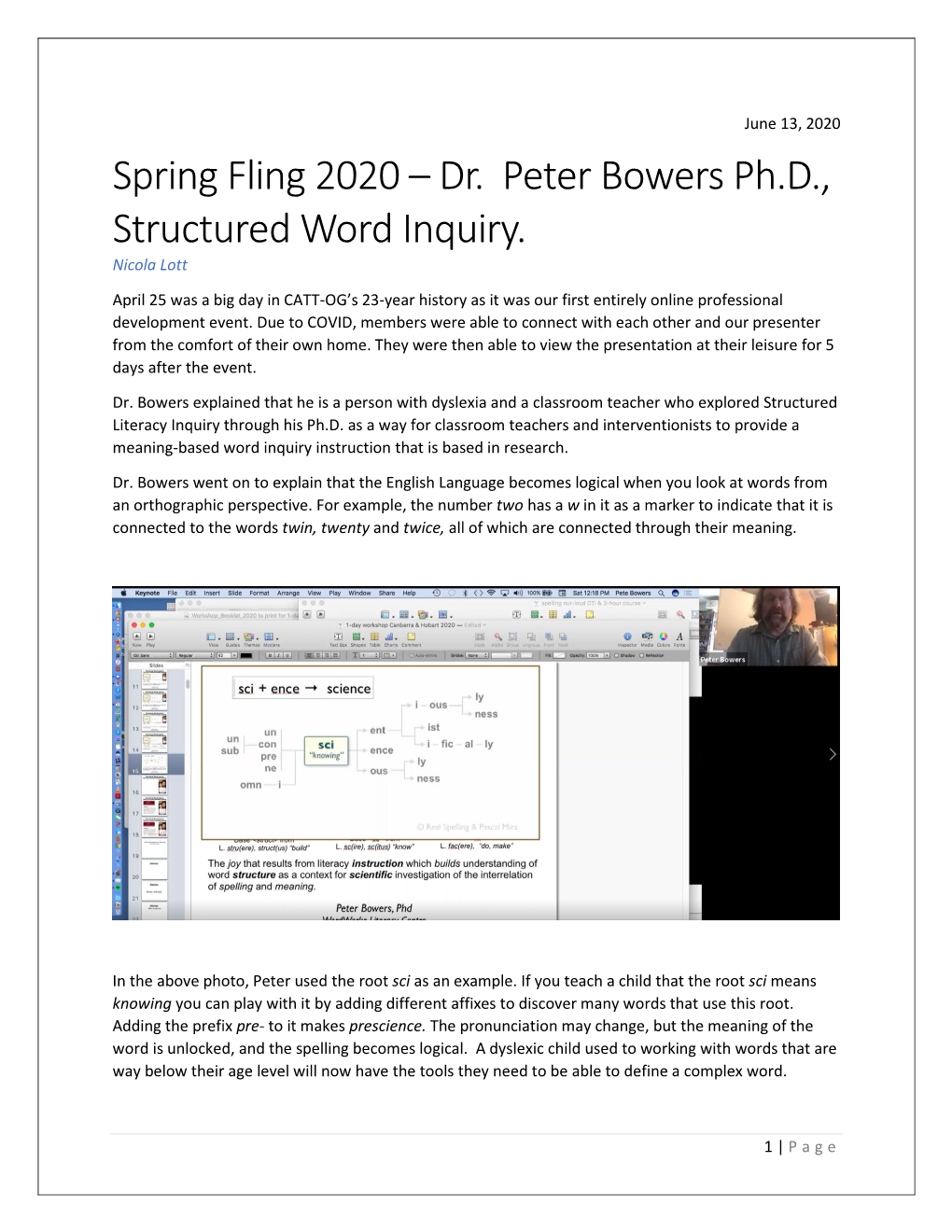 Spring Fling 2020 – Dr. Peter Bowers Ph.D., Structured Word Inquiry. Nicola Lott
