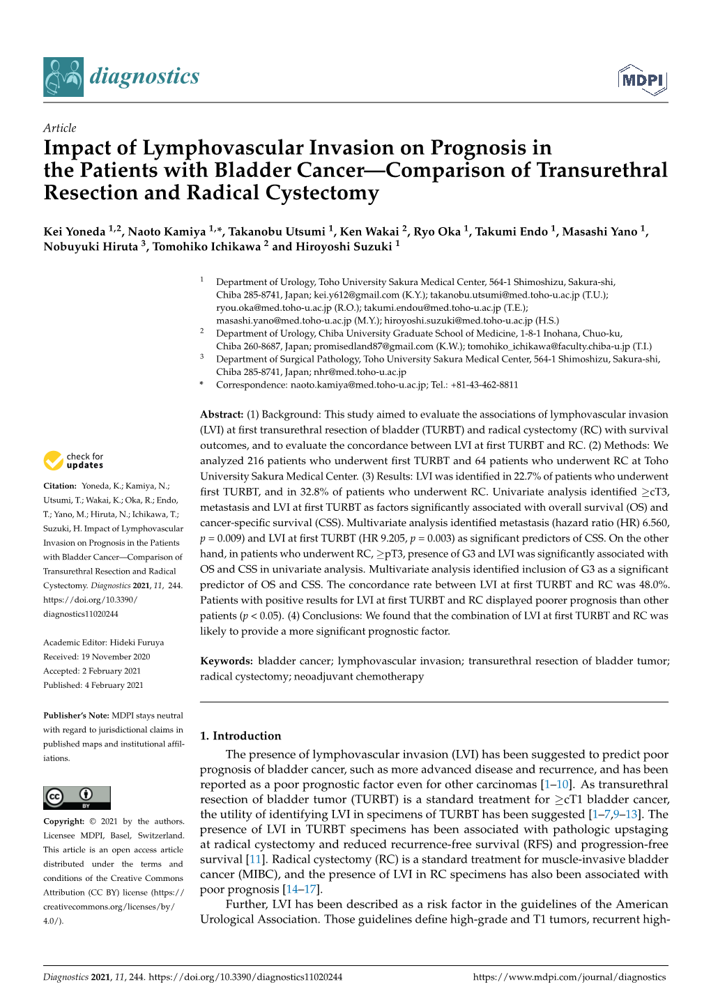 Impact of Lymphovascular Invasion on Prognosis in the Patients with Bladder Cancer—Comparison of Transurethral Resection and Radical Cystectomy