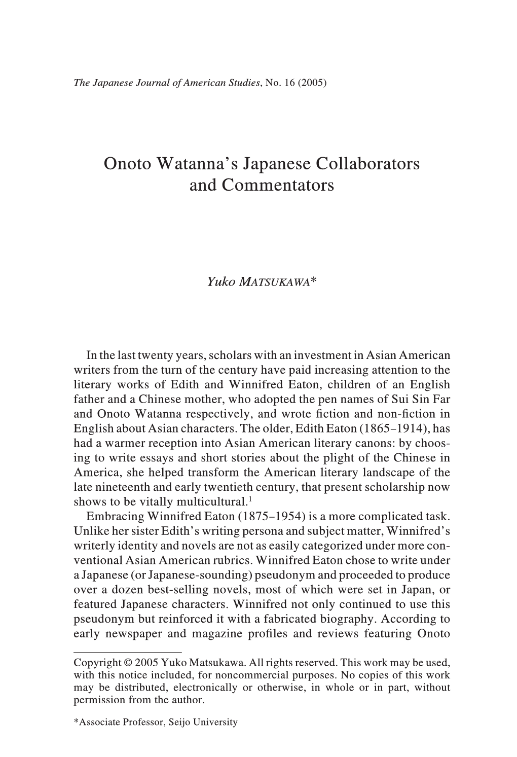 Onoto Watanna's Japanese Collaborators and Commentators