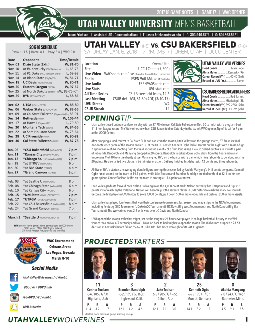 Utah Valley University Men's Basketball Utah Valley(11-5