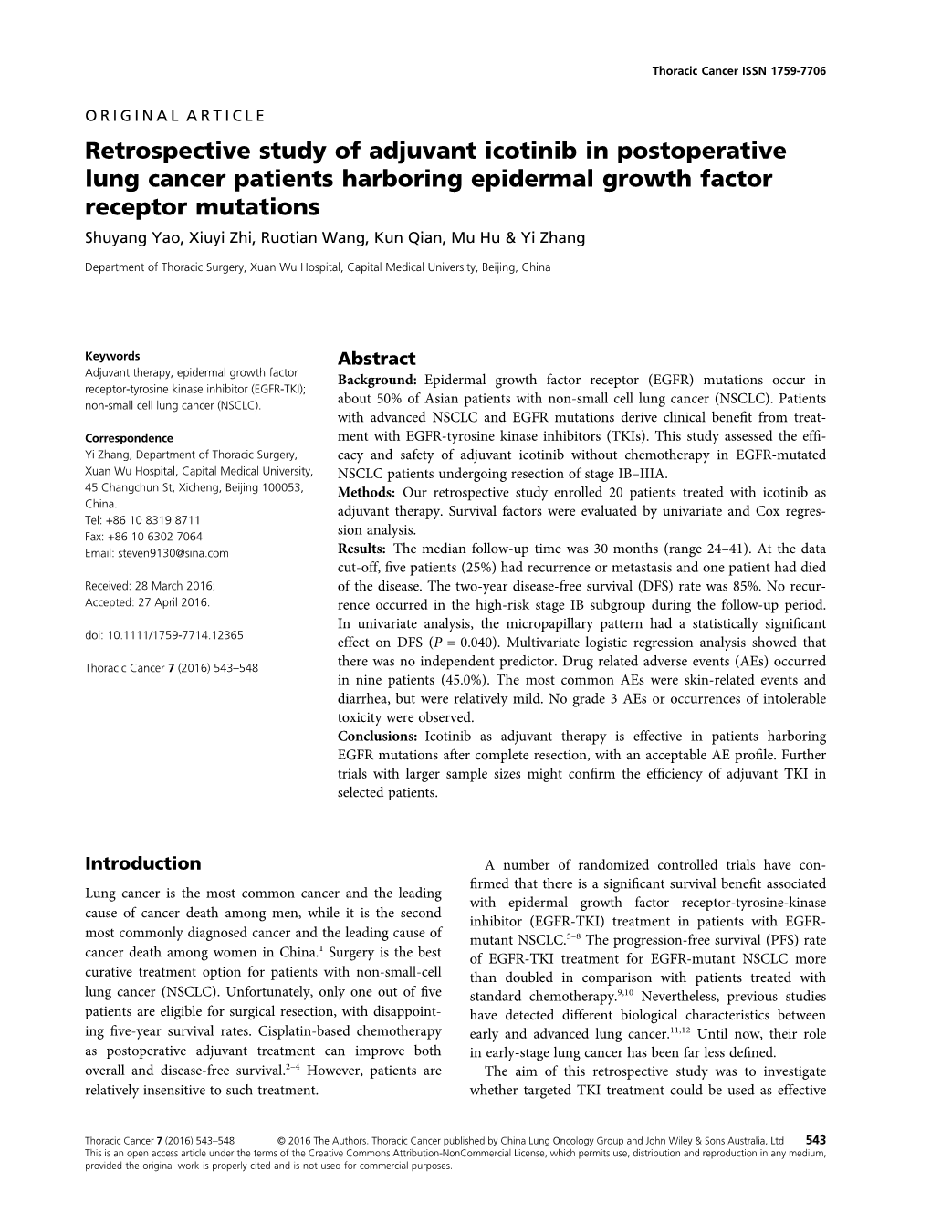 Retrospective Study of Adjuvant Icotinib in Postoperative Lung