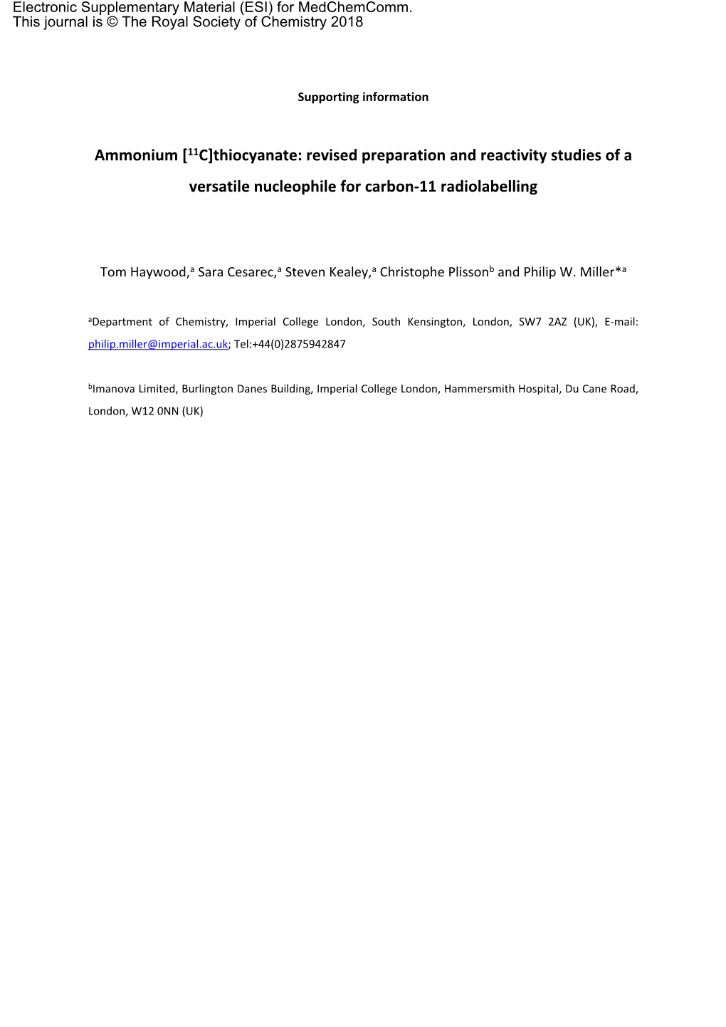 Thiocyanate: Revised Preparation and Reactivity Studies of a Versatile Nucleophile for Carbon-11 Radiolabelling