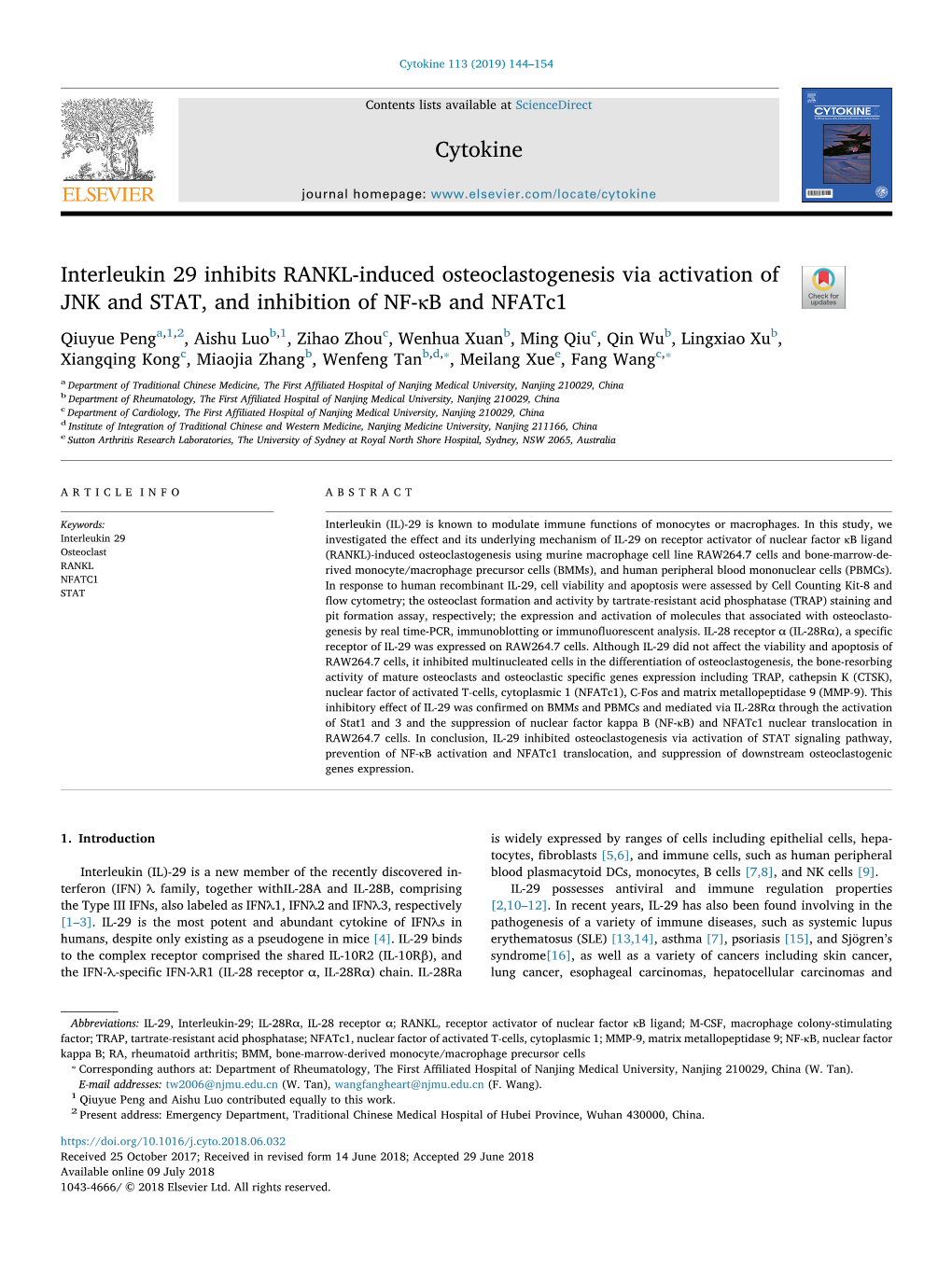 Interleukin 29 Inhibits RANKL-Induced Osteoclastogenesis Via Activation of JNK and STAT, and Inhibition of NF-Κb and Nfatc1 T