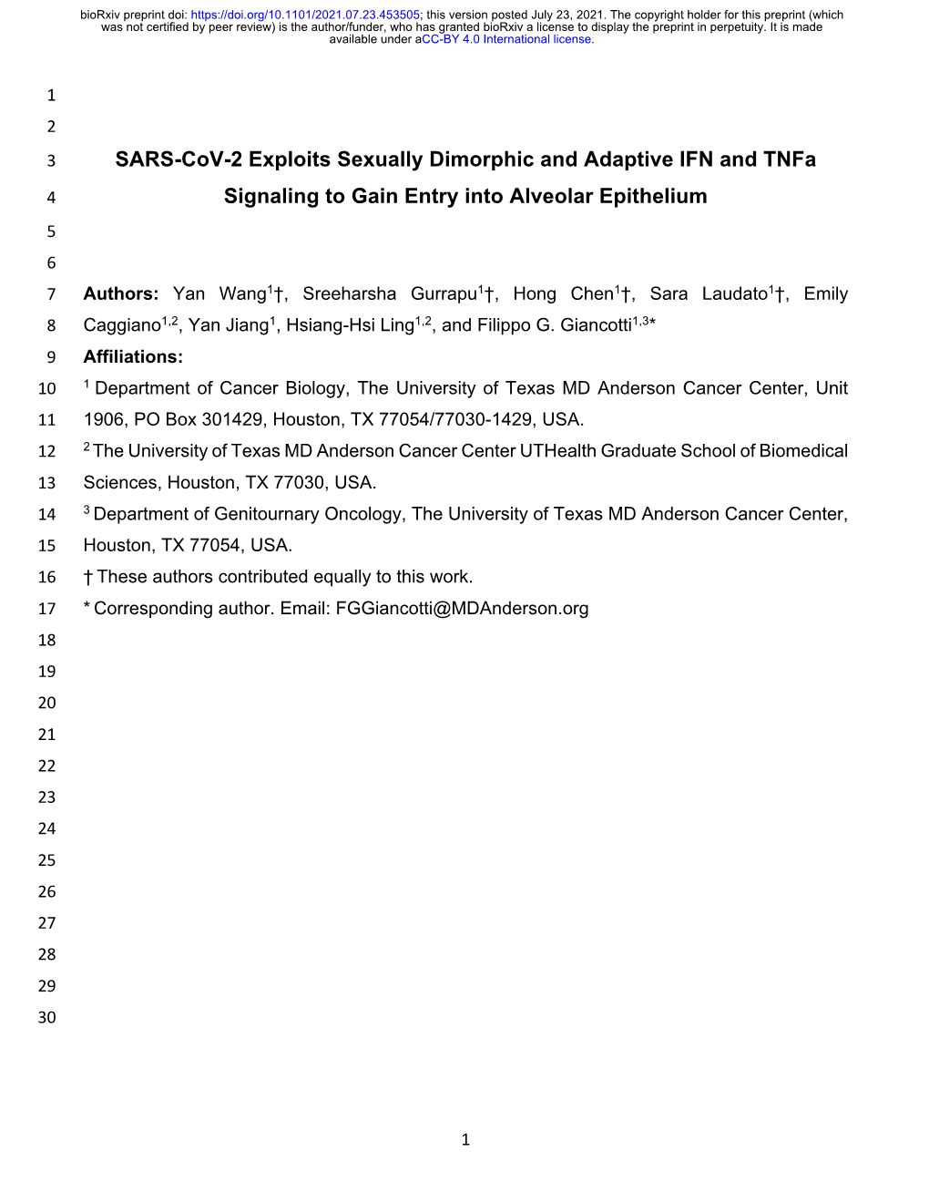 SARS-Cov-2 Exploits Sexually Dimorphic and Adaptive IFN and Tnfa