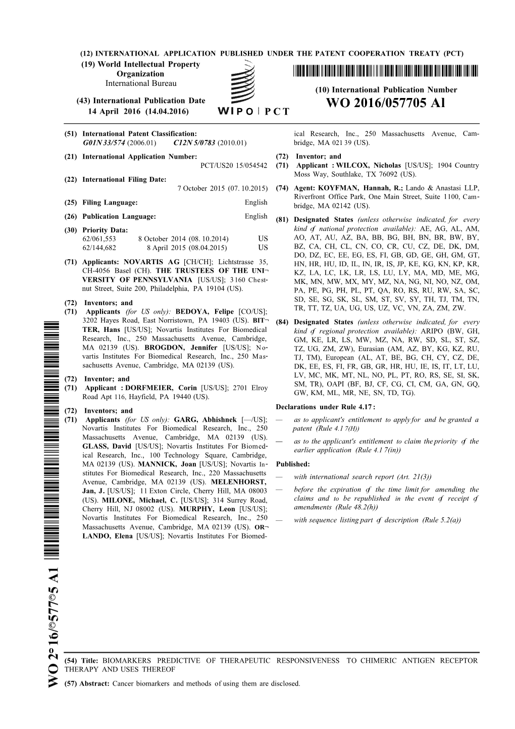 WO 2016/057705 Al 14 April 2016 (14.04.2016) P O P C T