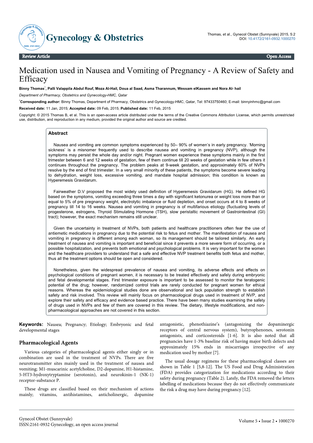 Medication Used in Nausea and Vomiting of Pregnancy