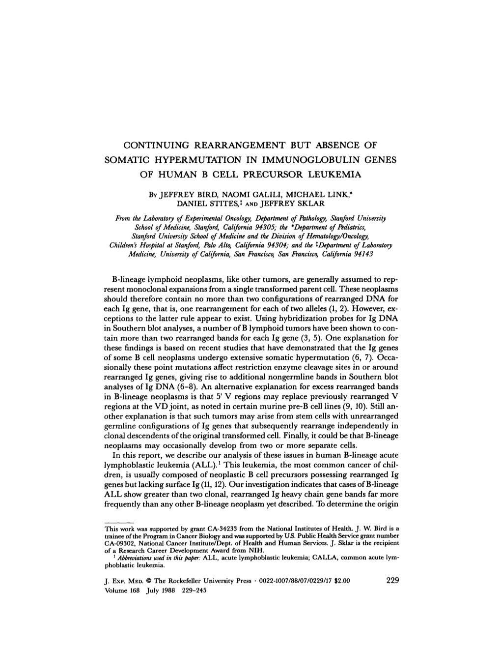 Continuing Rearrangement but Absence of Somatic Hypermutation in Immunoglobulin Genes of Human B Cell Precursor Leukemia