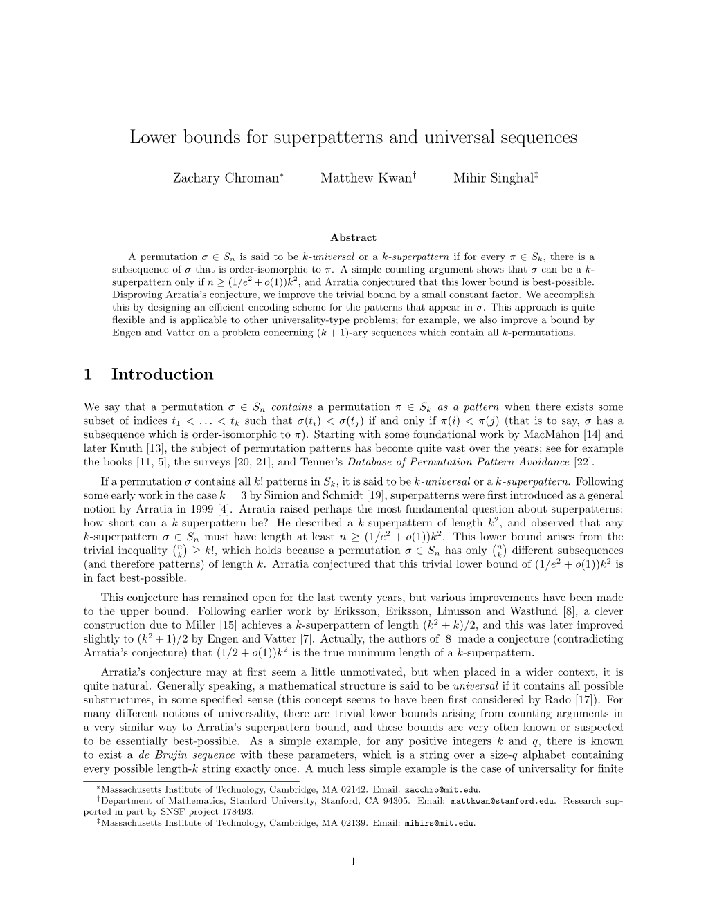 Lower Bounds for Superpatterns and Universal Sequences