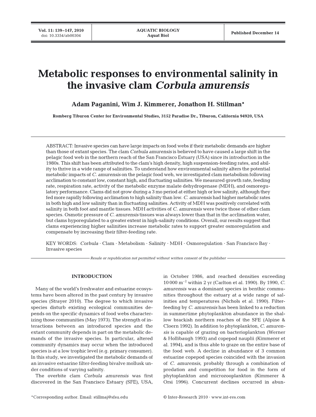 Metabolic Responses to Environmental Salinity in the Invasive Clam Corbula Amurensis