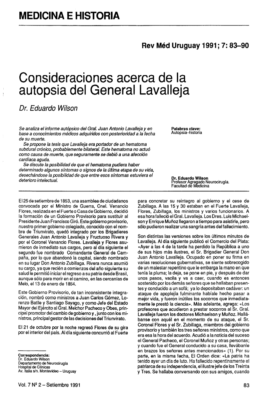 Consideraciones Acerca De La Autopsia Del General Lavalleja Dr