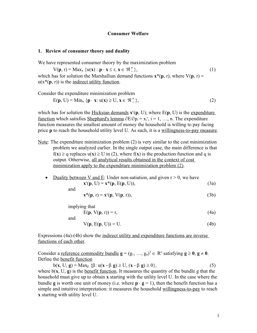 1. Review of Consumer Theory and Duality