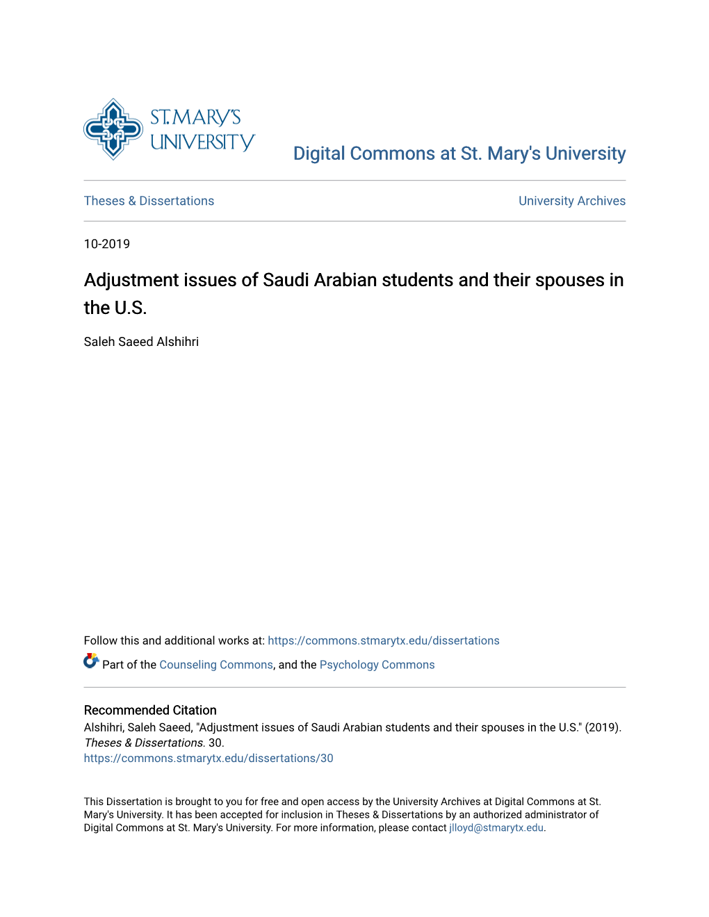 Adjustment Issues of Saudi Arabian Students and Their Spouses in the U.S