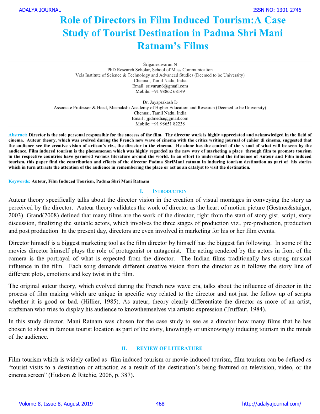 Role of Directors in Film Induced Tourism:A Case Study of Tourist Destination in Padma Shri Mani Ratnam’S Films