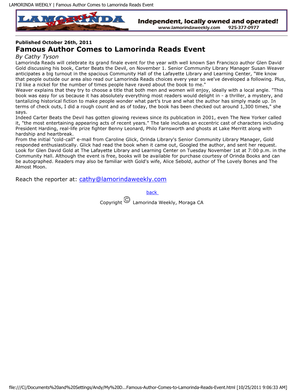 Famous Author Comes to Lamorinda Reads Event