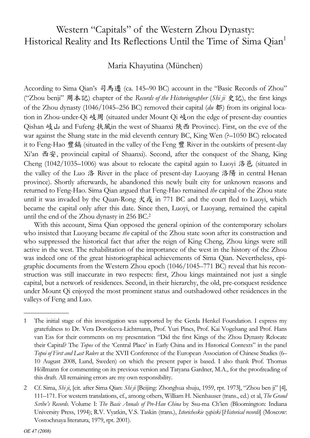 Of the Western Zhou Dynasty: Historical Reality and Its Reflections Until the Time of Sima Qian1