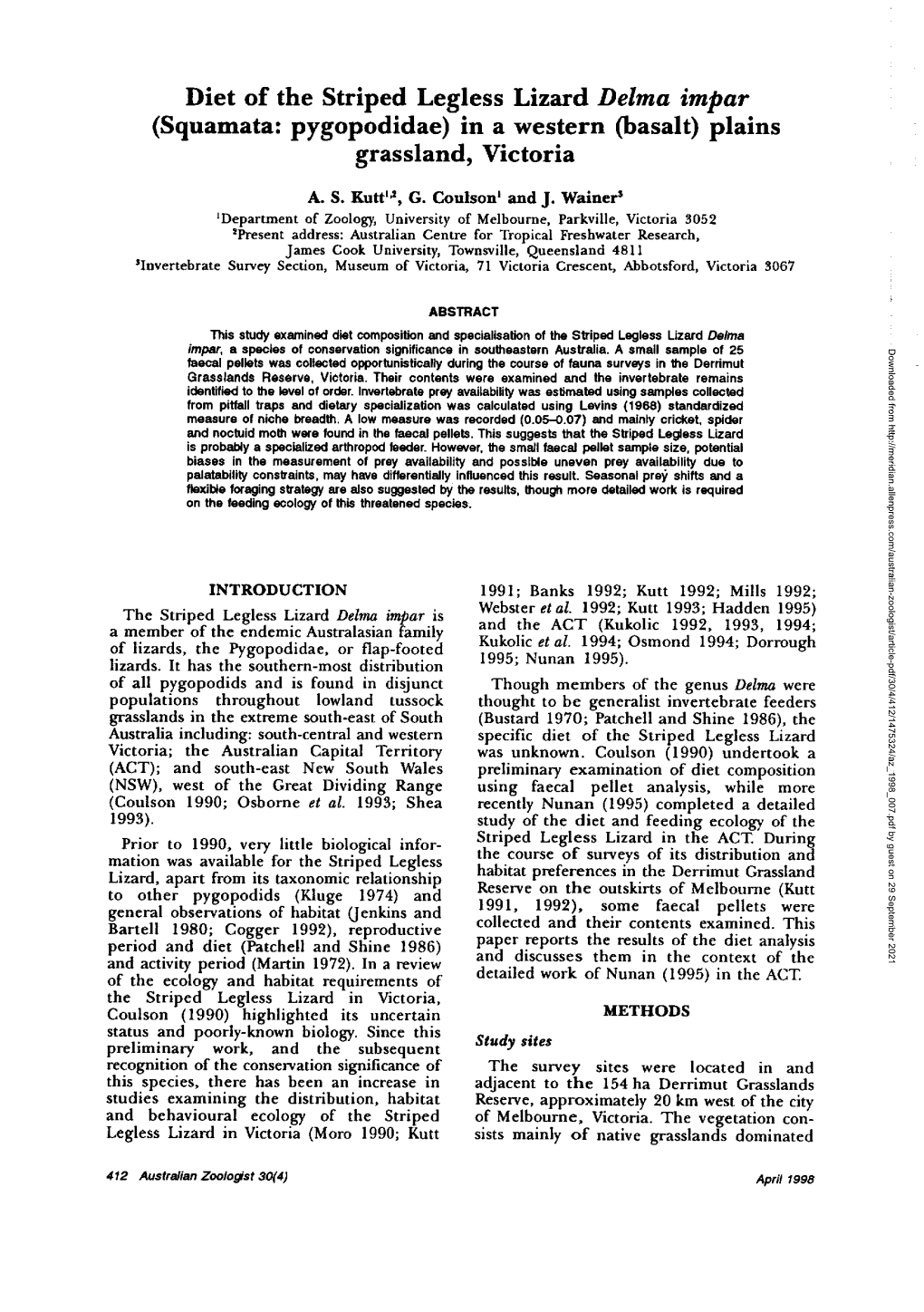 Diet of the Striped Legless Lizard Delma Impar (Squamata: Pygopodidae) in a Western (Basalt) Plains Grassland, Victoria