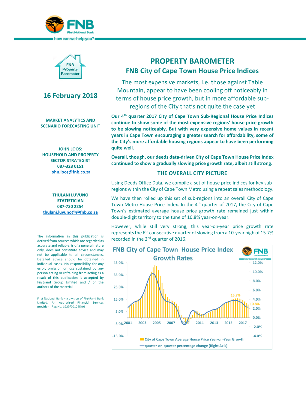 PROPERTY BAROMETER FNB City of Cape Town House Price Indices the Most Expensive Markets, I.E