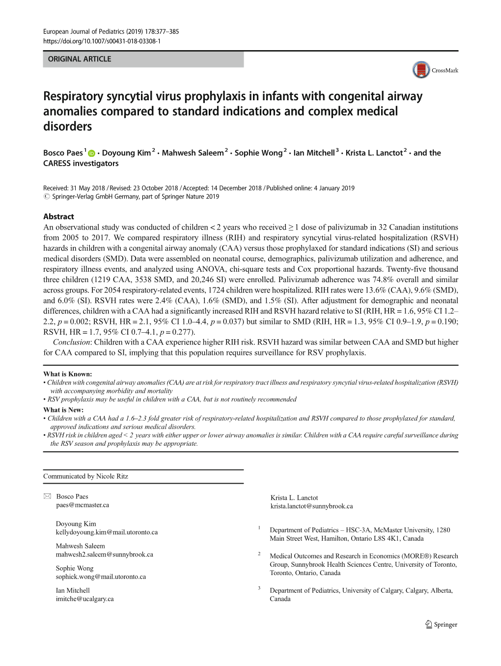 Respiratory Syncytial Virus Prophylaxis in Infants with Congenital Airway Anomalies Compared to Standard Indications and Complex Medical Disorders