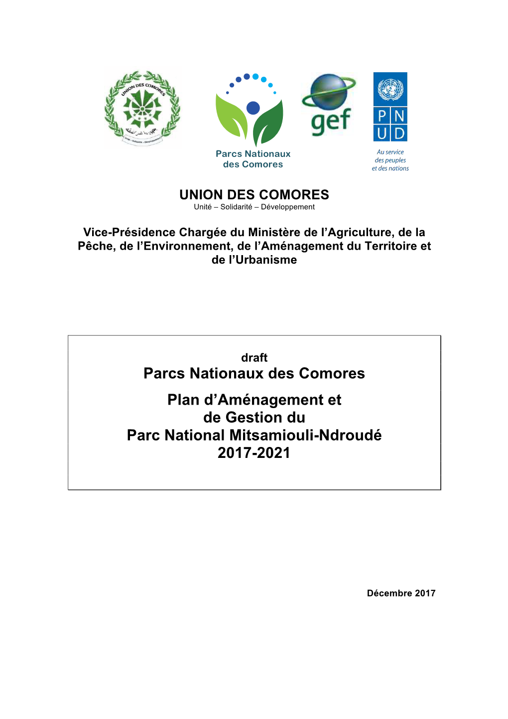 Parcs Nationaux Des Comores Plan D'aménagement Et De Gestion Du