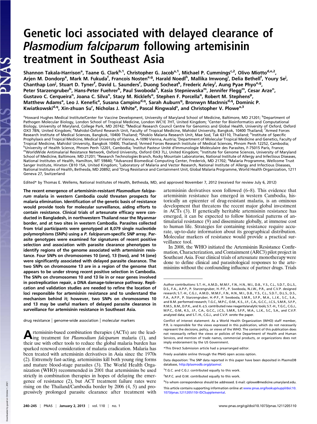 Genetic Loci Associated with Delayed Clearance of Plasmodium Falciparum Following Artemisinin Treatment in Southeast Asia