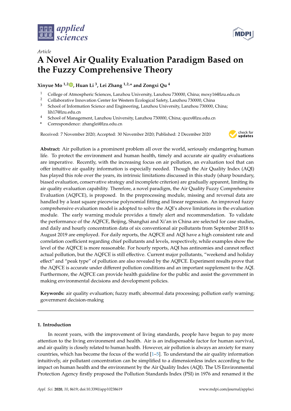 A Novel Air Quality Evaluation Paradigm Based on the Fuzzy Comprehensive Theory