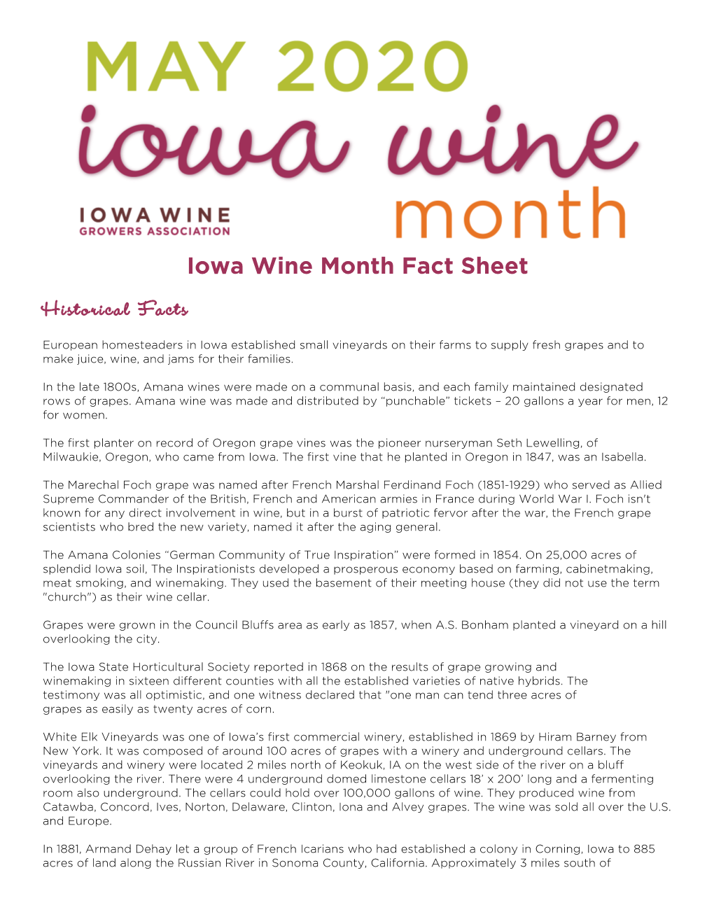 Iowa Wine Month Fact Sheet Historical Facts