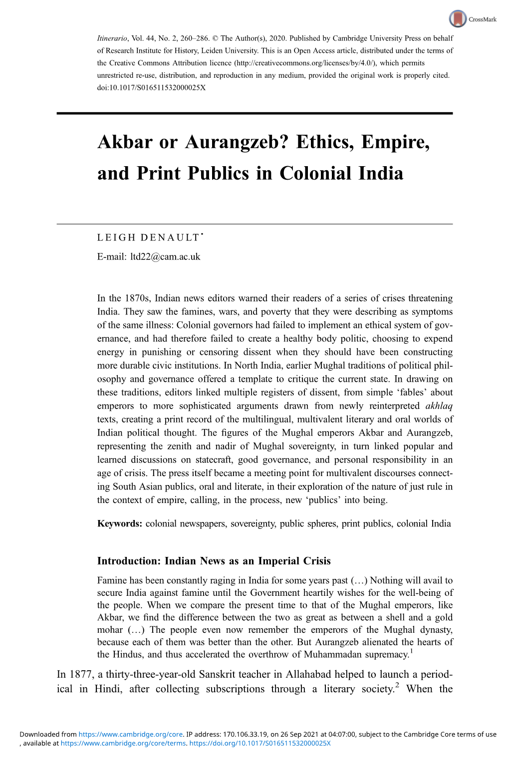 Akbar Or Aurangzeb? Ethics, Empire, and Print Publics in Colonial India