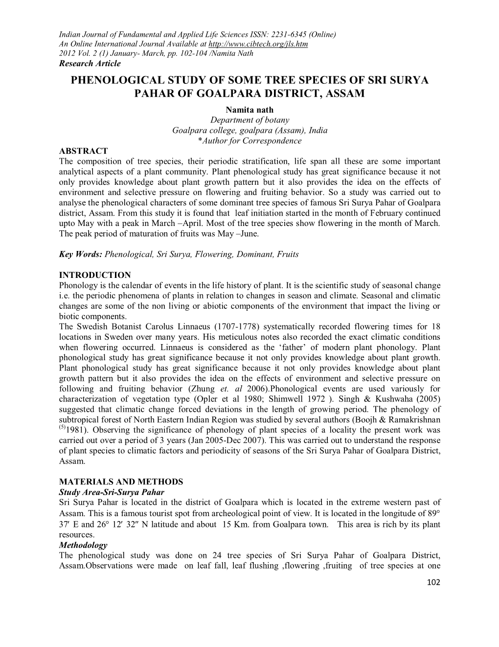 Phenological Study of Some Tree Species of Sri Surya Pahar Of