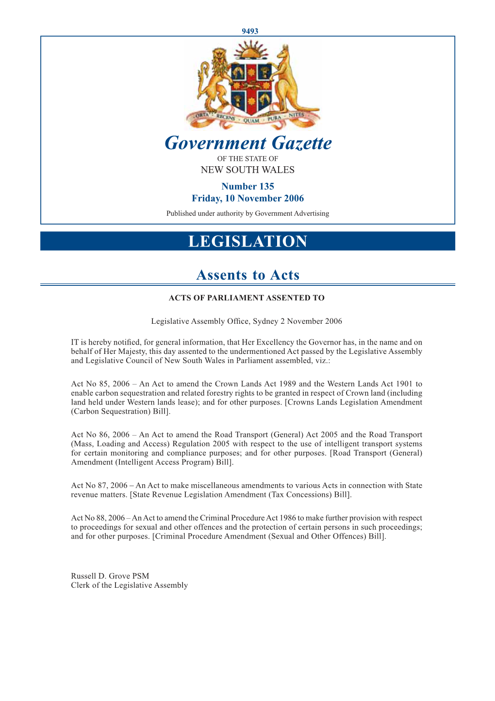 Government Gazette of the STATE of NEW SOUTH WALES Number 135 Friday, 10 November 2006 Published Under Authority by Government Advertising