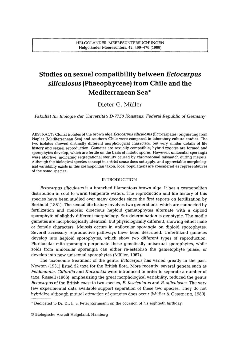 Ectocarpus Siliculosus (Phaeophyceae) from Chile and the Mediterranean Sea*