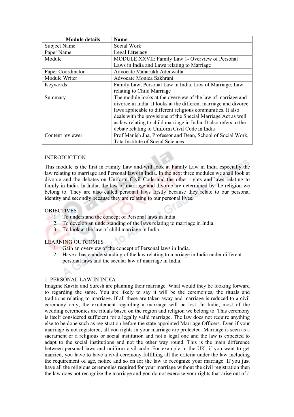 Family Law 1- Overview of Personal L