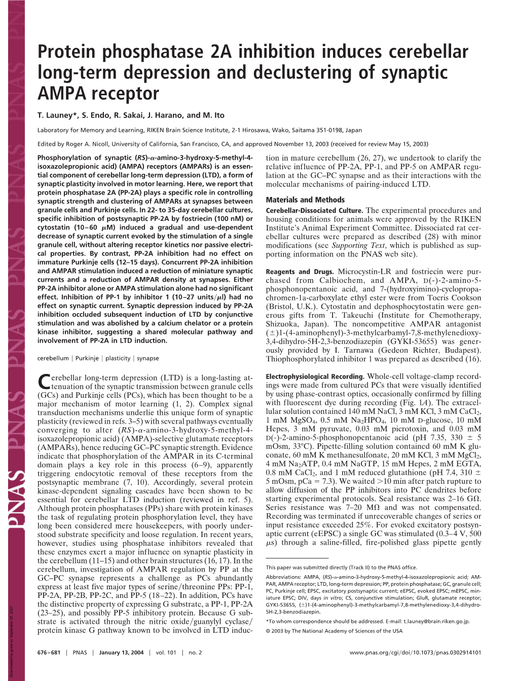 Protein Phosphatase 2A Inhibition Induces Cerebellar Long-Term Depression and Declustering of Synaptic AMPA Receptor