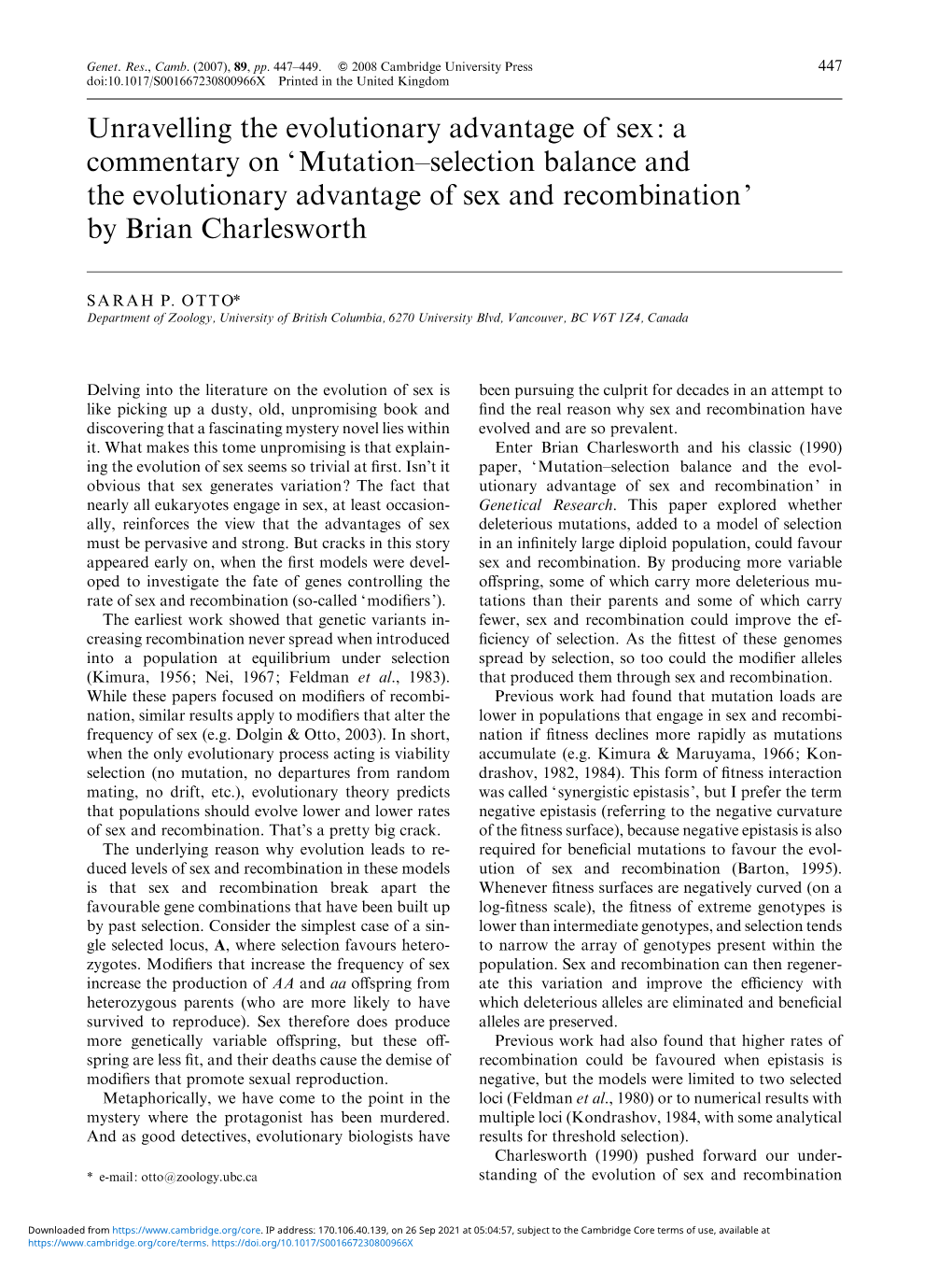 Mutation–Selection Balance and the Evolutionary Advantage of Sex and Recombination’ by Brian Charlesworth