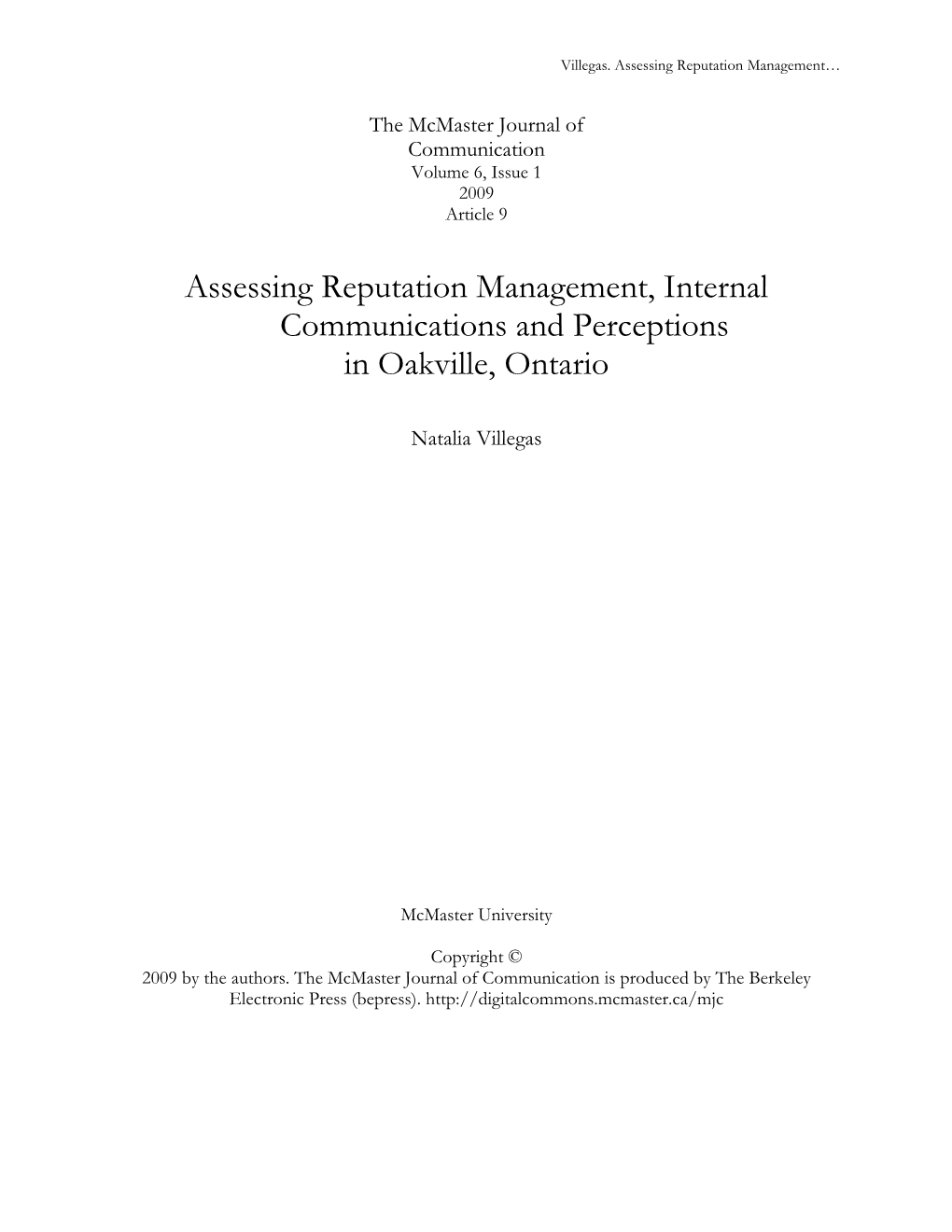 Assessing Reputation Management, Internal Communications and Perceptions in Oakville, Ontario