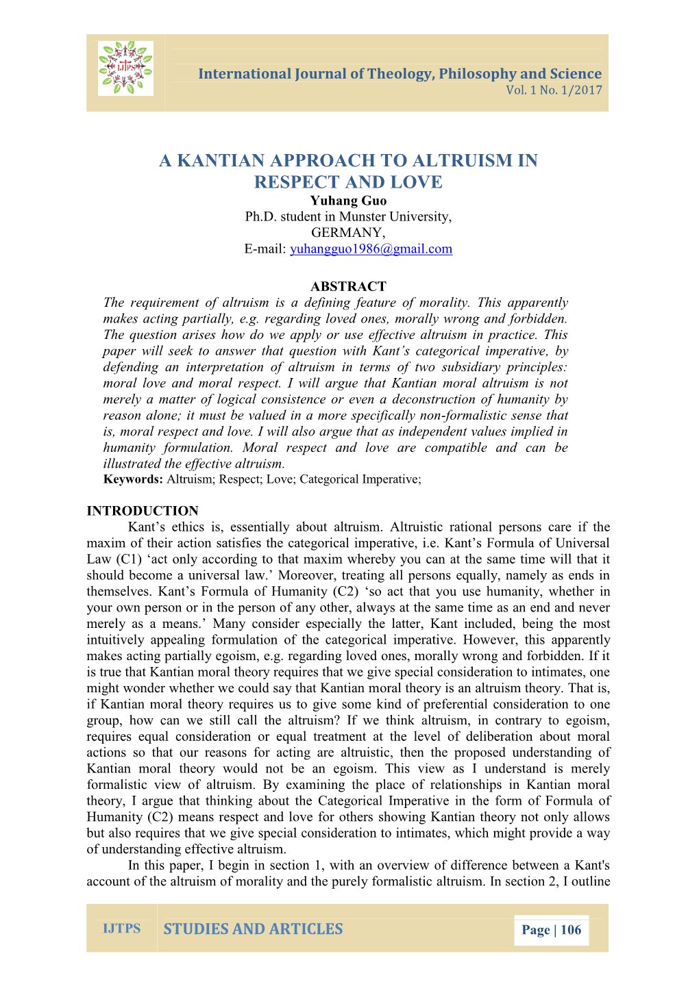 A KANTIAN APPROACH to ALTRUISM in RESPECT and LOVE Yuhang Guo Ph.D