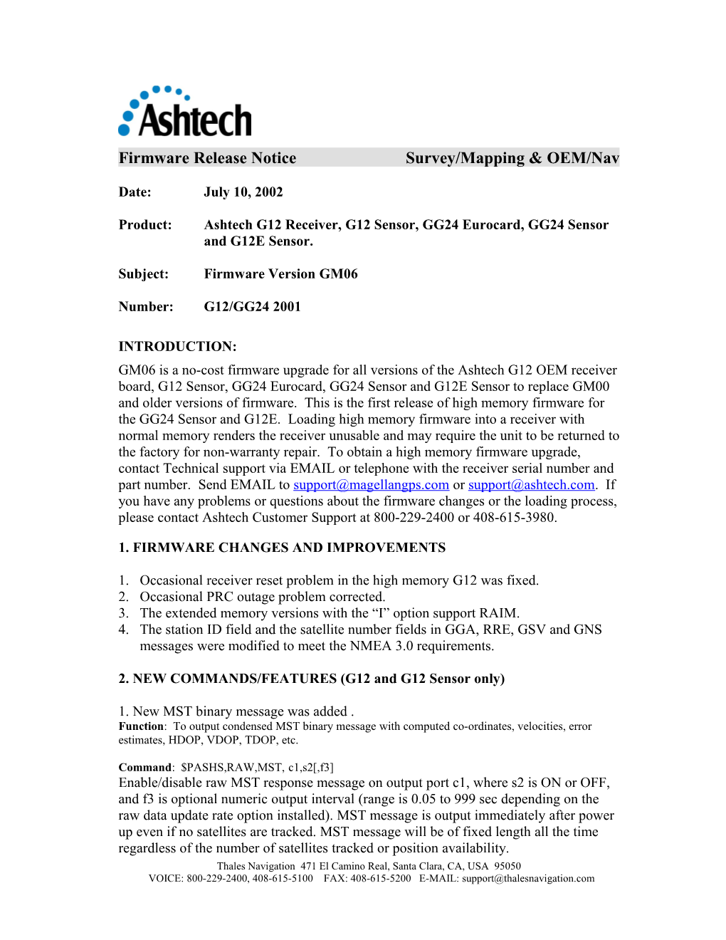 Firmware Release Notice Survey/Mapping & OEM/Nav