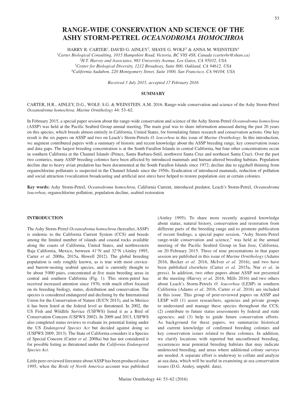 Range-Wide Conservation and Science of the Ashy Storm-Petrel Oceanodroma Homochroa