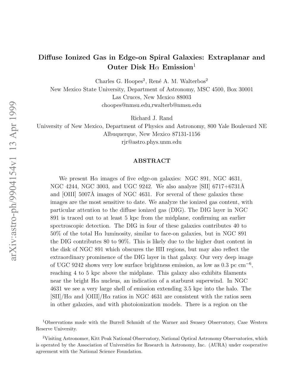 Diffuse Ionized Gas in Edge-On Spiral Galaxies: Extraplanar and Outer