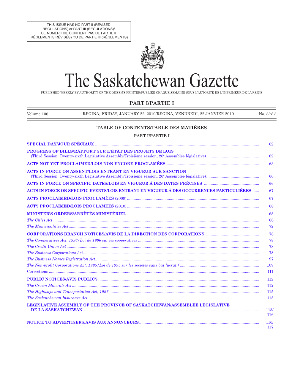 Sask. Gazette, Part I, January 22, 2010