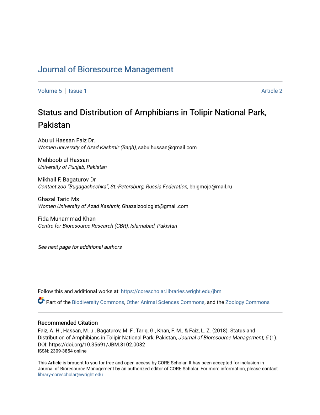 Status and Distribution of Amphibians in Tolipir National Park, Pakistan