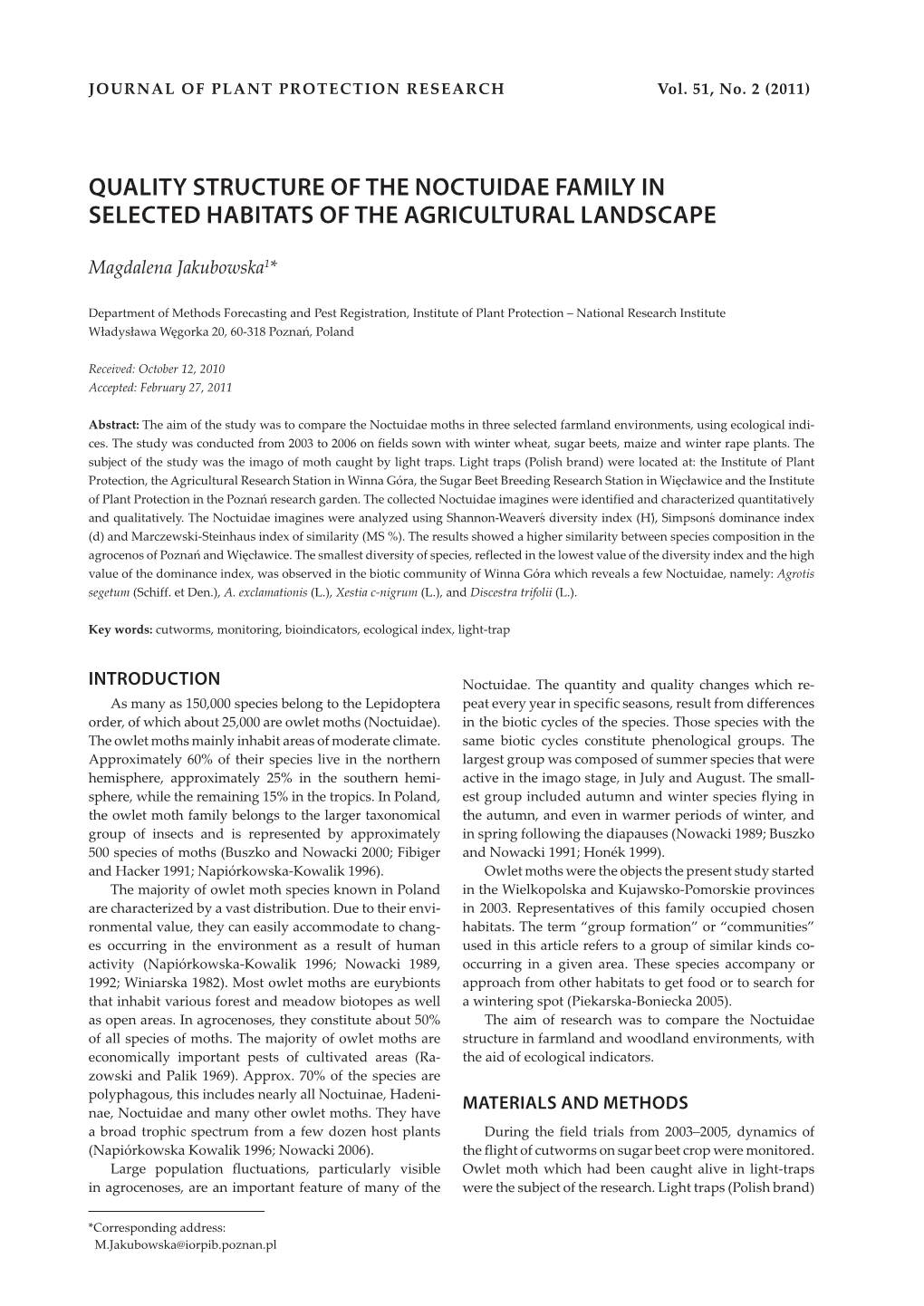 Quality Structure of the Noctuidae Family in Selected Habitats of the Agricultural Landscape