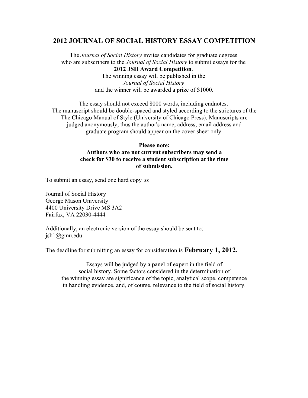 2012 Journal of Social History Essay Competition