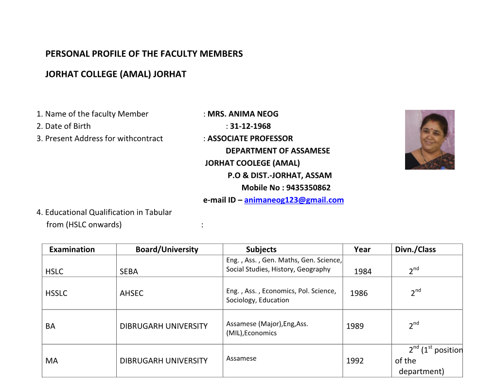 Personal Profile of the Faculty Members Jorhat College (Amal)